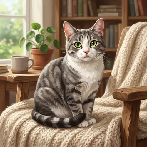 Comfortable Grey and White Cat Illustration | Bright Green Eyes