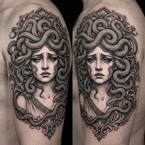 Sad Medusa Tattoo Design - Intricate Black & White Art