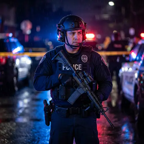 Determined Local Police Officer in Crisis Situation with Long Gun