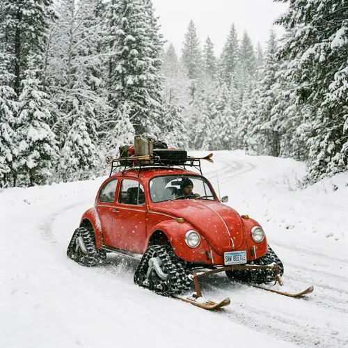 Red Volkswagen Beetle with Skis and Tracks | Snowfall Adventure