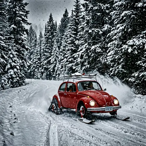 Red VW Beetle with Skis Gliding in Snow