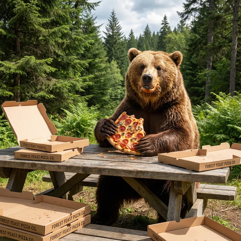 Pizza Eating Animal: A Brown Bear Indulging in a Feast