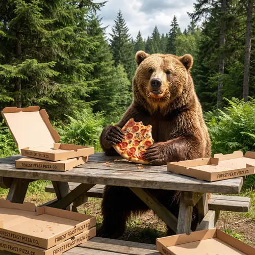 Amusing Scene of Brown Bear Indulging in Pizza Feast