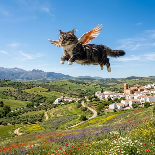 Flying Cat Over Spain: Enchanting View of Green Hills & Flower Fields