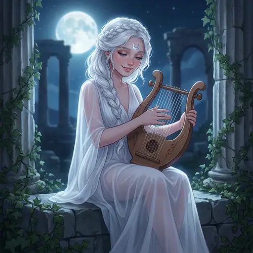 Young Woman Playing Greek Lyre in Serene Moonlit Setting