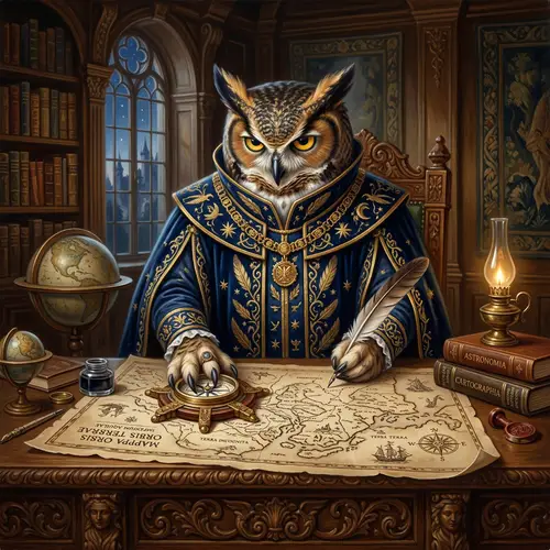 Majestic Owl in Navy Blue Attire Studying Map with Compass