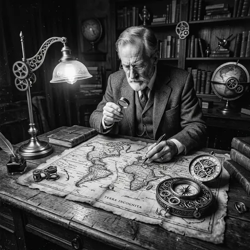 Vintage Scholar Studying Ancient Map in Dramatic Setting