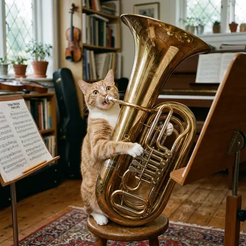 Whimsical Cat Playing a Brass Tuba