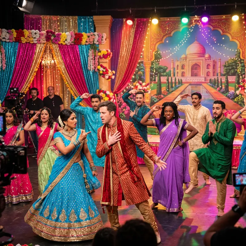 Comedic Twist: Bollywood Satire & Irony - Diverse Cast & Vibrant Stage