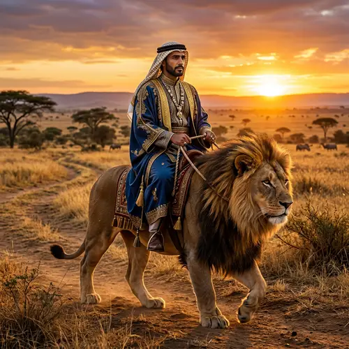 Middle Eastern Man Riding Lion - Traditional Garments