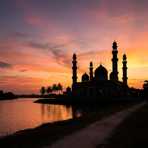 Tranquil Islamic Sunset Scene | Peaceful Mosque Silhouette
