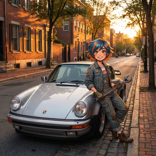Vintage 1980 Porsche 911 Turbo S on Quiet City Street with Anime-Style Character