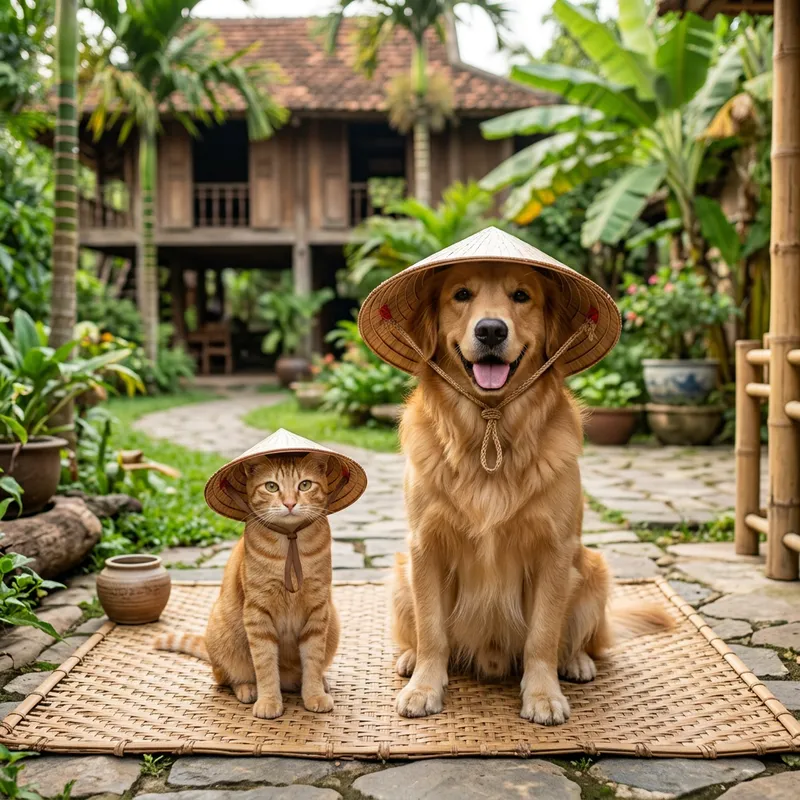 Cat and Dog in Vietnamese Leaf Hats - Unique Friendship Cat and Dog in Vietnamese Leaf Hats - Unique Friendship