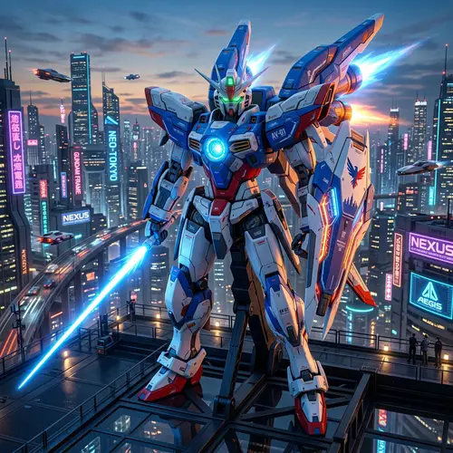 Futuristic Robot in Vibrant Cityscape | White, Blue & Red