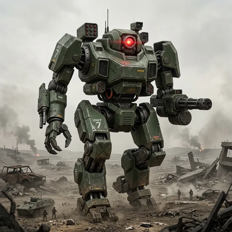 Zaku IIs - Sci-Fi Robotic Military Titans in Dark Green on Warzone Background Zaku IIs - Sci-Fi Robotic Military Titans in Dark Green on Warzone Background