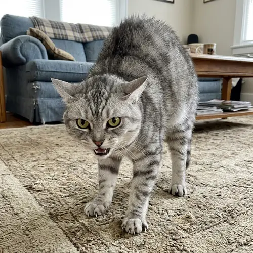 Fierce Domestic Feline in Defensive Stance - Gray Striped Cat