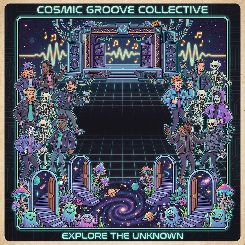 Surreal Cyberpunk Poster: Stage, Interacting People, Cosmic Doors Surreal Cyberpunk Poster: Stage, Interacting People, Cosmic Doors