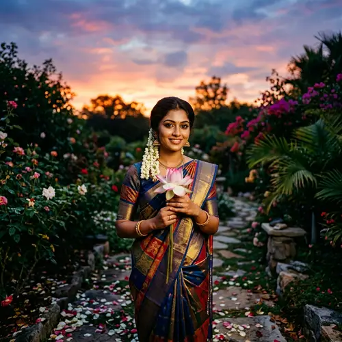 Elegant South Asian Woman in Colorful Sari at Twilight