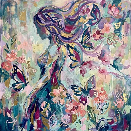 Abstract Art: Beautiful Woman, Butterflies & Flowers