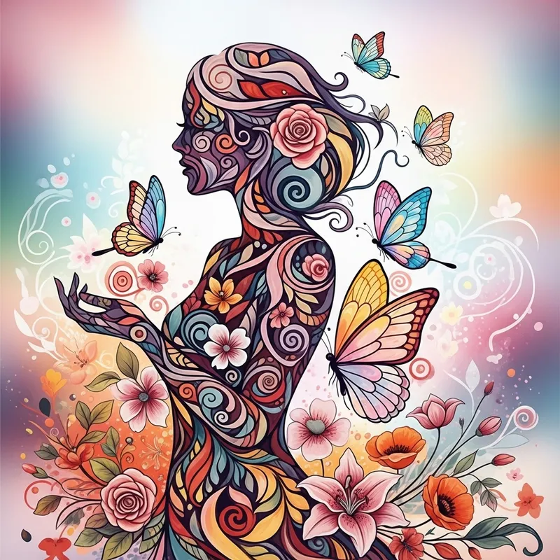 Abstract Art: Beautiful Woman, Butterflies & Flowers
