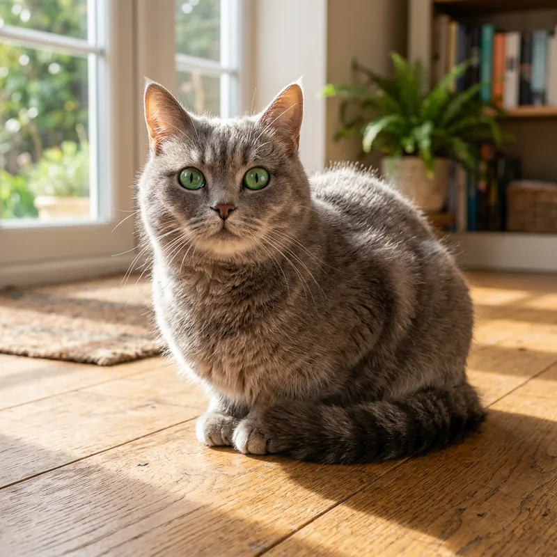Fluffy Grey Cat sitting on Wooden Floor - Beautiful Domestic Feline