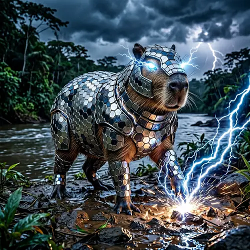 Capybara in Tile Armor: Stunning Lightning Display