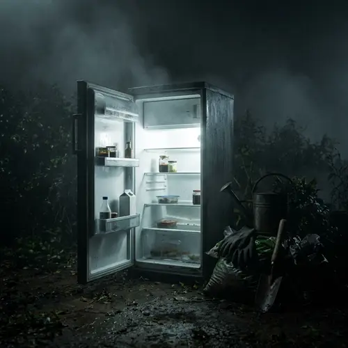 Eerie Refrigerator in Fog: A Surreal Garden Scene