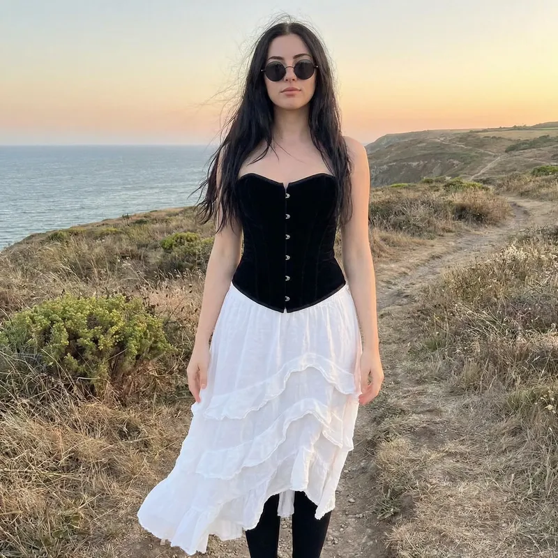 Stylish Girl in Black Corset and White Skirt