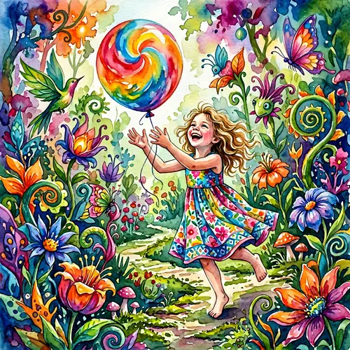 Youthful Caucasian Girl Playing with Vibrant Balloon in Fanciful Garden