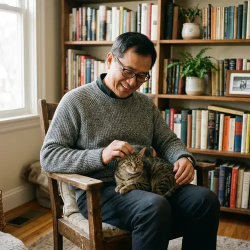 Asian Man with Cat on Lap - Heartwarming Moment