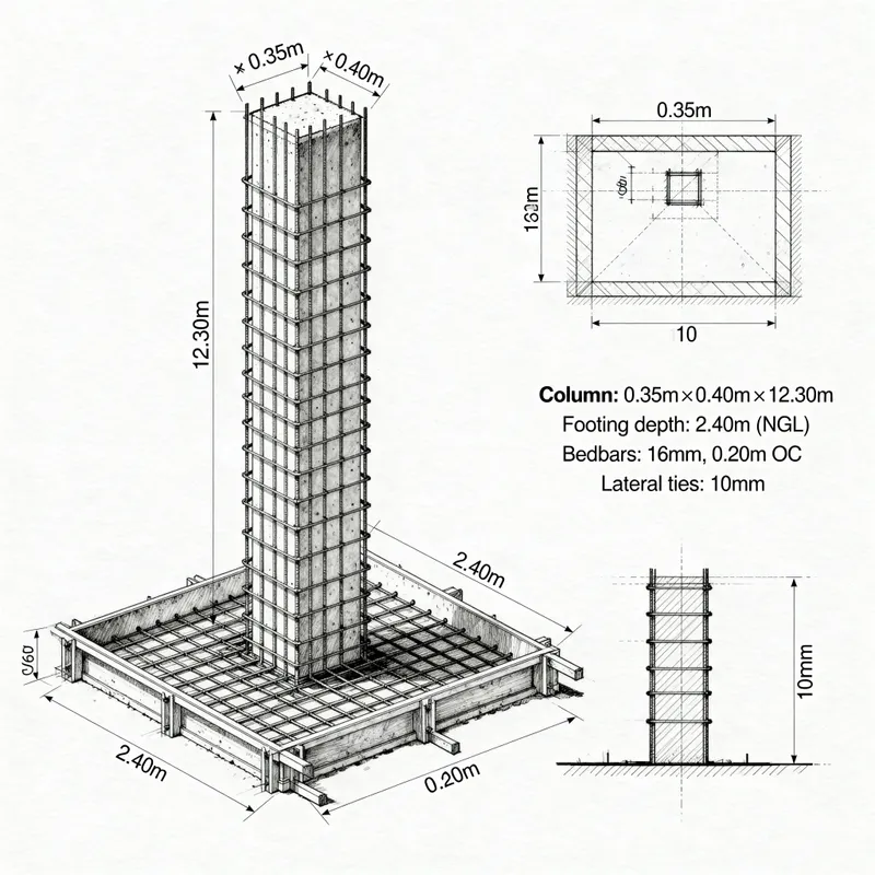 Detailed Column-Footing Plan & Section Illustration