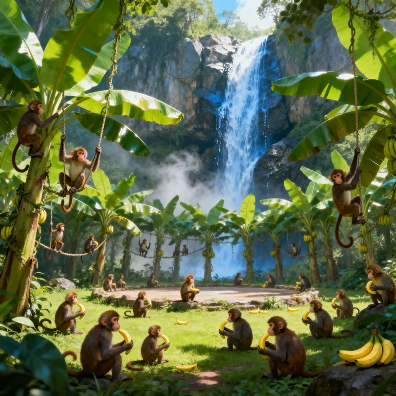 Explore the Monkey Kingdom with Waterfall & Banana Trees