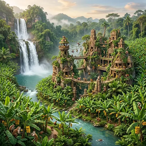 Explore the Monkey Kingdom with Waterfall & Banana Trees