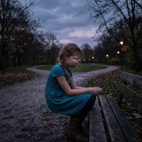 Melancholic Girl Sitting on Wooden Bench in Dimly Lit Park