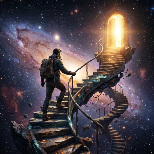 Man Climbing Twisted Stairs to a Bright Door