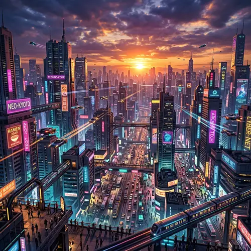 Futuristic City Panorama at Sunset | Cyberpunk Urban Dystopia