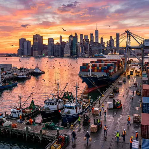 Bustling City Harbor at Sunset | Ships, Workers, Skyscrapers