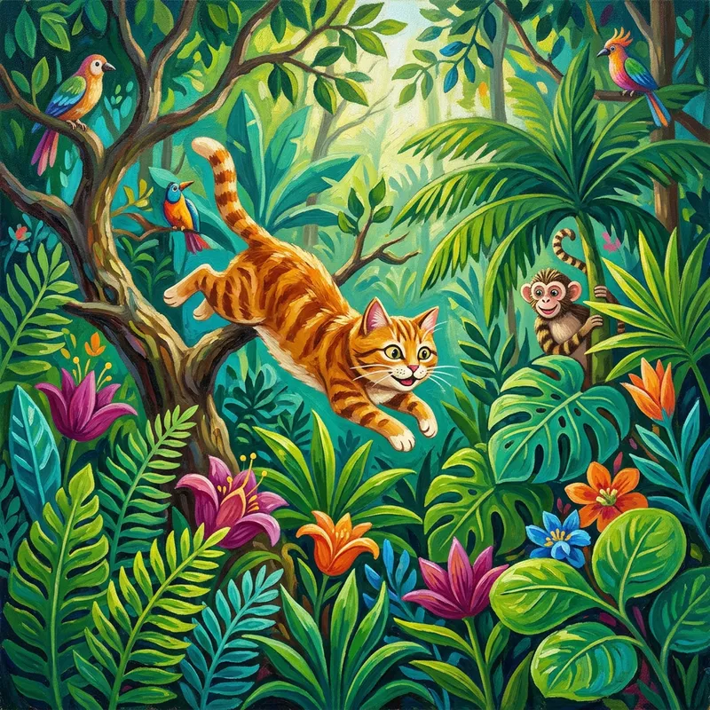 Colorful Cat Leaping in Whimsical Nature Scene - Inspired by Henri Rousseau