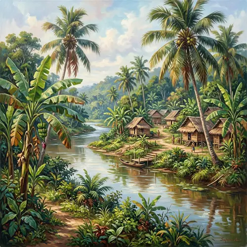 Lush Tropical Landscape Painting near Village River