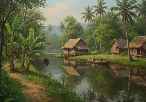 Lush Tropical Landscape Painting near Village River