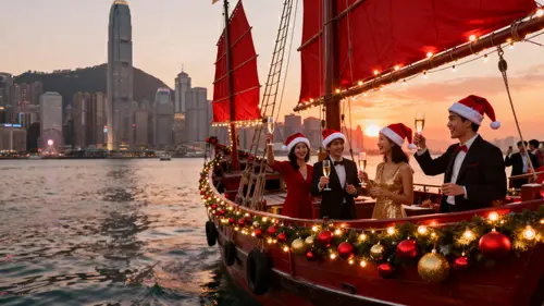 Festive Christmas Party on a Hong Kong Junk Boat