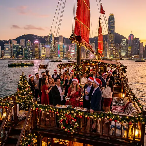 Festive Christmas Party on a Hong Kong Junk Boat
