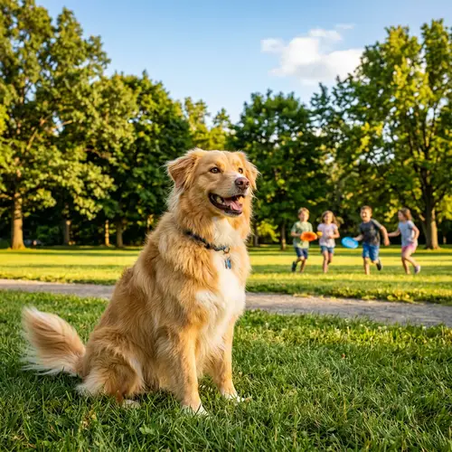 Cheerful Fluffy Dog Enjoying Golden Sunlight in Park