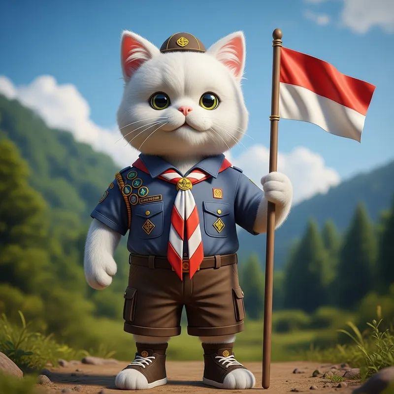 Pramuka Cat Mascot in Complete Scout Uniform