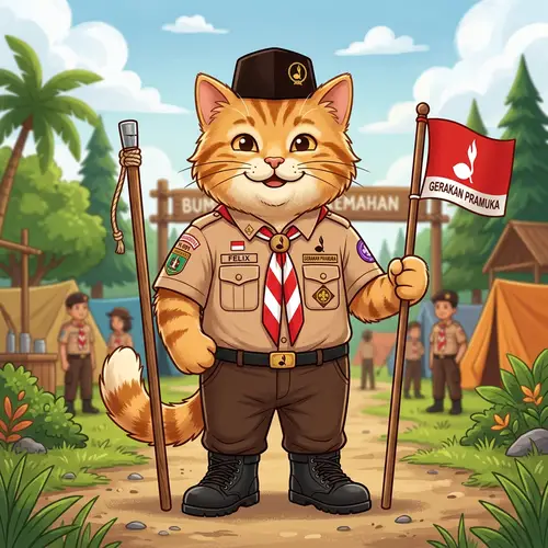 Pramuka Cat Mascot in Complete Scout Uniform