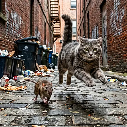 Dramatic Rat Chasing Gray Cat Scene
