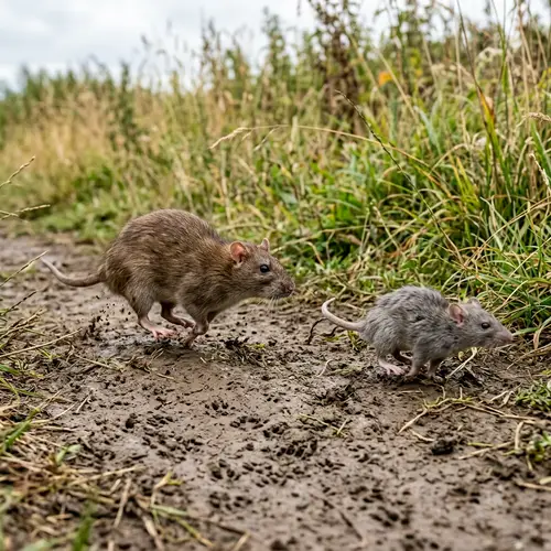 Brown Rat Chasing Grey Rat in Outdoor Scene