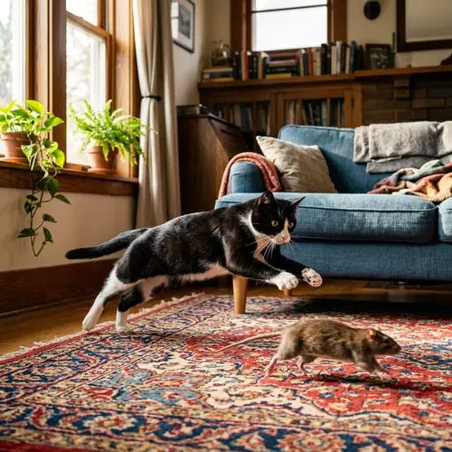 Playful Cat Chasing Brown Rat in Cozy Living Room