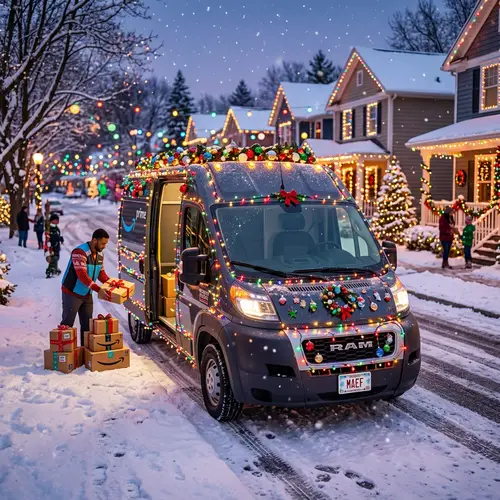 Magical Holiday Amazon Delivery Van with Vibrant Christmas Decor