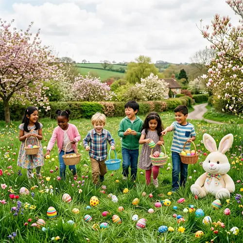 Picturesque Easter Scene with Kids, Bunny, Eggs & Toys
